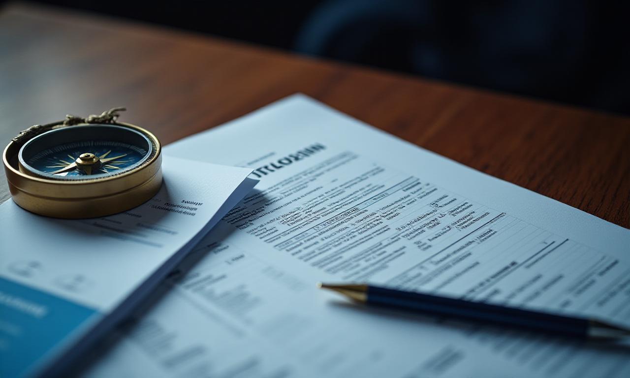 Close up of professional logistics paperwork and a compass